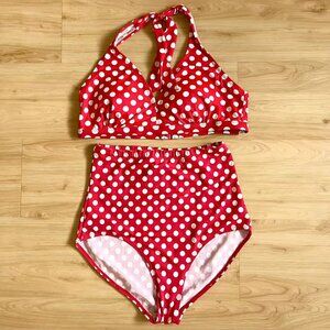 SWIMSUITS FOR ALL High Waisted Bikini Set Polka Dot Red White Size 10